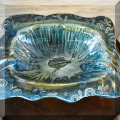 P04. Signed studio pottery green glazed bowl. 4” x 15” x 11” - $36
